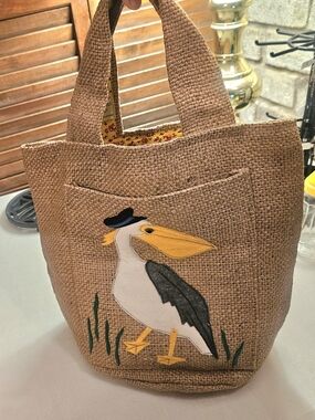60s/70s Squirrels Nest Woven Jute Tote Bag with Appliqué Pelican